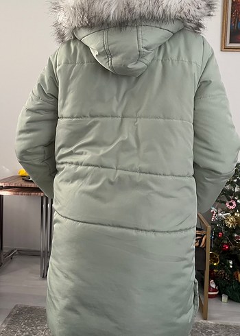 Su yeşili çocuk Midi Boy Kışlık Mont Kürklü Kapüşonlu - Görsel 2
