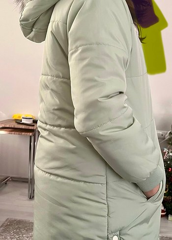 Su yeşili çocuk Midi Boy Kışlık Mont Kürklü Kapüşonlu - Görsel 3