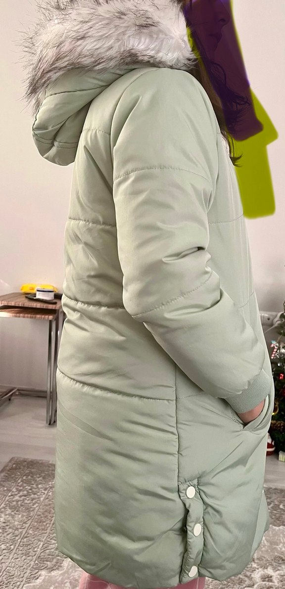 Su yeşili çocuk Midi Boy Kışlık Mont Kürklü Kapüşonlu - Görsel 3