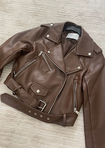 Kahverengi Deri Biker Ceket