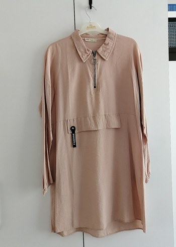 l Beden Bej Kemerli Mini Keten Tunik