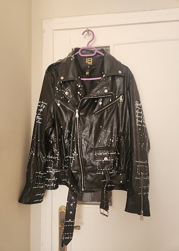 l Beden Kadın Siyah Deri Biker Ceket