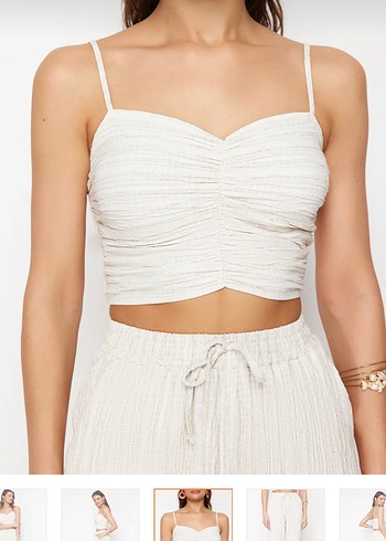 Bej Pliseli Fitilli Mini Crop Top