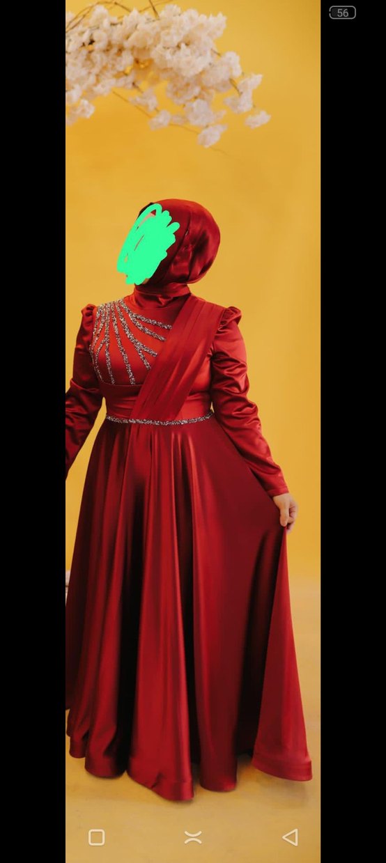 Bordo Uzun Kollu Drapeli Kadın Abiye Elbise - Görsel 2