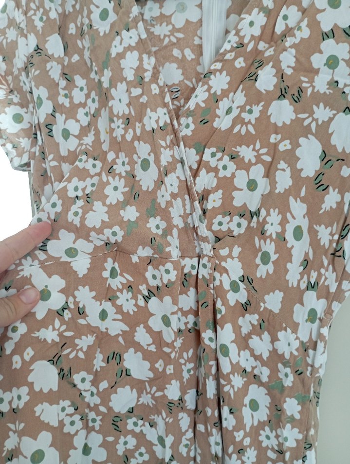 Bej Çiçek Desenli Bohem Midi Elbise - Görsel 5