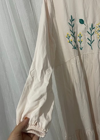 Nakışlı Bej Uzun Keten Elbise - Görsel 3