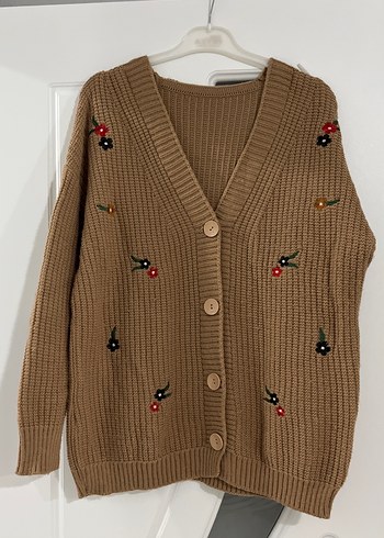 Nakışlı Kahverengi Örgü Kadın Hırka - Görsel 2