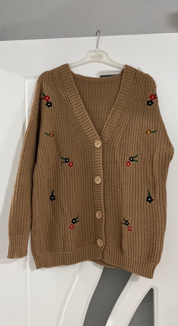 Nakışlı Kahverengi Örgü Kadın Hırka - Görsel 2