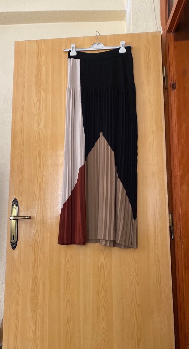 Kadın Renk Bloklu Pilili Uzun Etek - Görsel 3