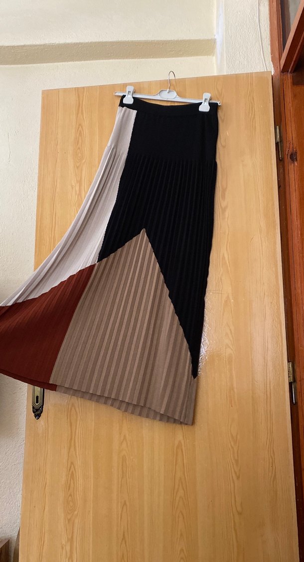 Kadın Renk Bloklu Pilili Uzun Etek - Görsel 2