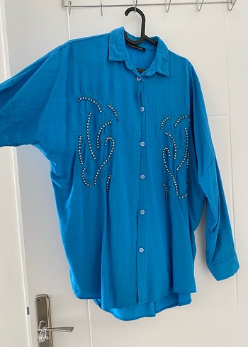 Düğmeli Mavi Uzun Kollu Bohem Gömlek - Görsel 3