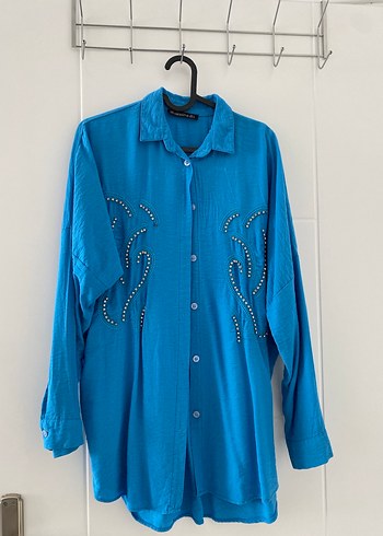 Düğmeli Mavi Uzun Kollu Bohem Gömlek - Görsel 2