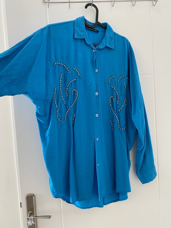 Düğmeli Mavi Uzun Kollu Bohem Gömlek - Görsel 4