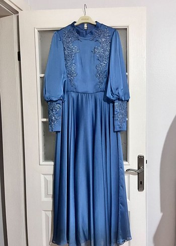 Parlak Mavi Uzun Kollu Kadın Abiye Elbise - Görsel 2