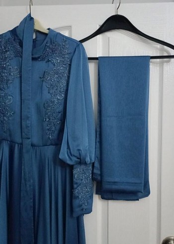 Parlak Mavi Uzun Kollu Kadın Abiye Elbise - Görsel 9