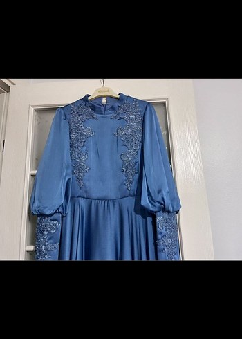 Parlak Mavi Uzun Kollu Kadın Abiye Elbise - Görsel 7