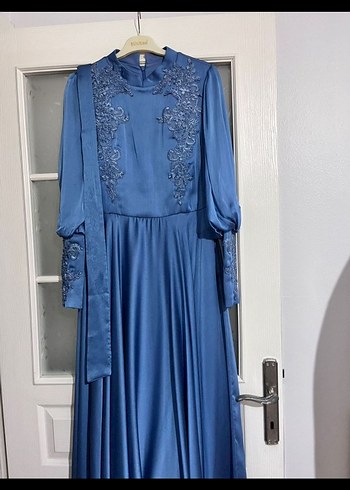 Parlak Mavi Uzun Kollu Kadın Abiye Elbise - Görsel 5