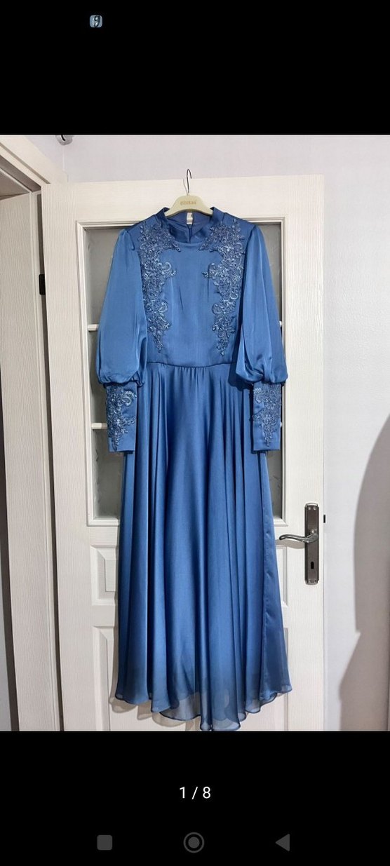 Parlak Mavi Uzun Kollu Kadın Abiye Elbise - Görsel 2