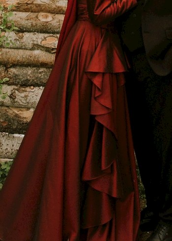 Koyu Kırmızı Drapeli Uzun Abiye Elbise - Görsel 5