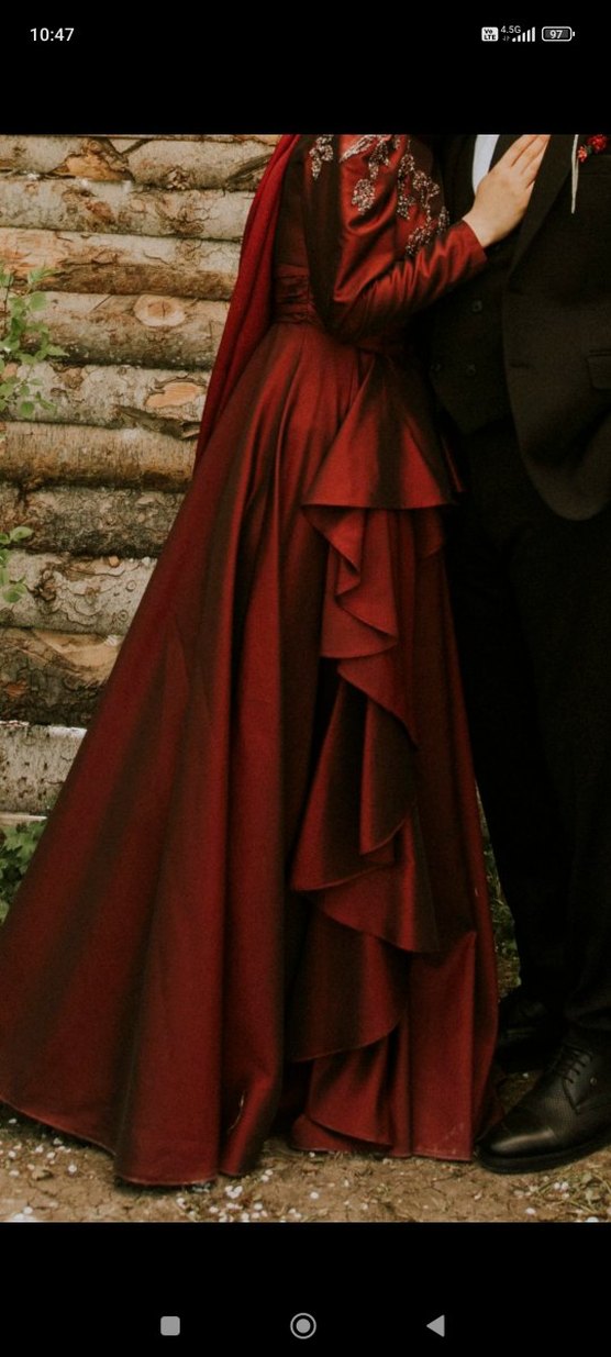 Koyu Kırmızı Drapeli Uzun Abiye Elbise - Görsel 5