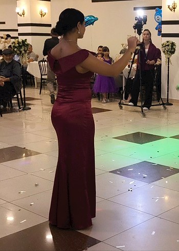 Bordo Uzun Drapeli Kadın Abiye Elbise - Görsel 8