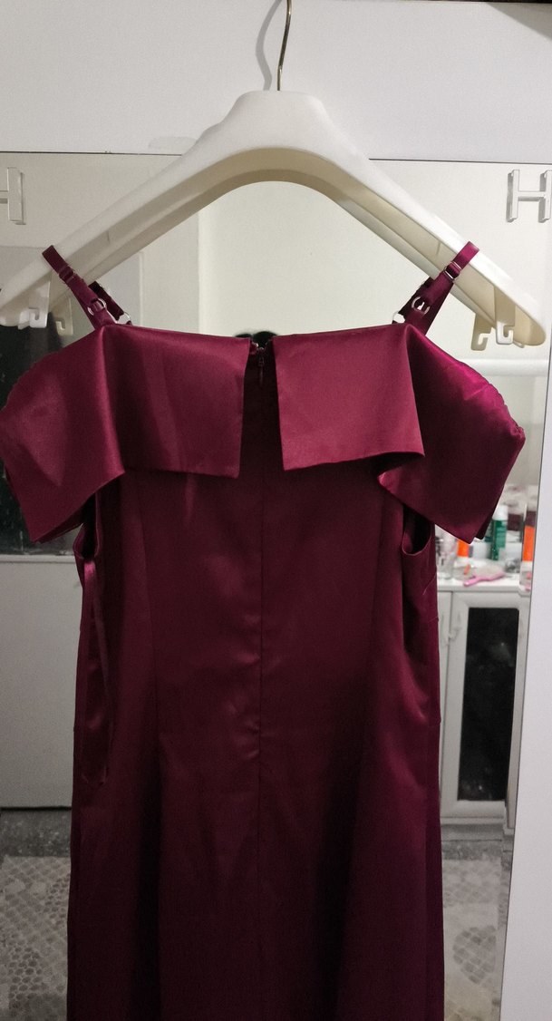 Bordo Uzun Drapeli Kadın Abiye Elbise - Görsel 5