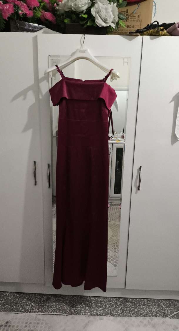 Bordo Uzun Drapeli Kadın Abiye Elbise - Görsel 2