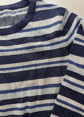 Çizgili Kısa Kollu Triko Kadın Kazak - Görsel 4