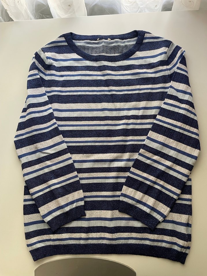 Çizgili Kısa Kollu Triko Kadın Kazak - Görsel 2