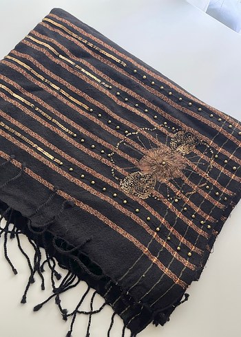 Boncuk İşlemeli Siyah Bohem Kadın Şal büyük boy - Görsel 2