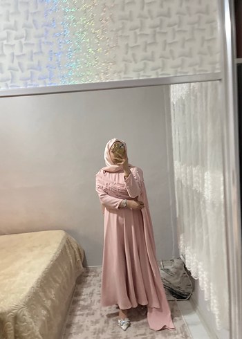 Abiye Uzun Kollu Pembe Drapeli Tesettür Abiye