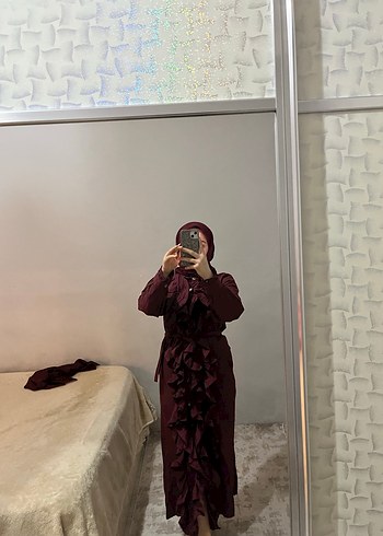 Bordo Uzun Kollu Drapeli Uzun Elbise - Görsel 2