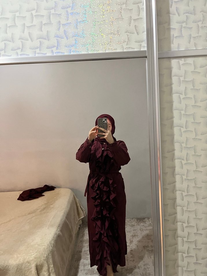 Bordo Uzun Kollu Drapeli Uzun Elbise - Görsel 2