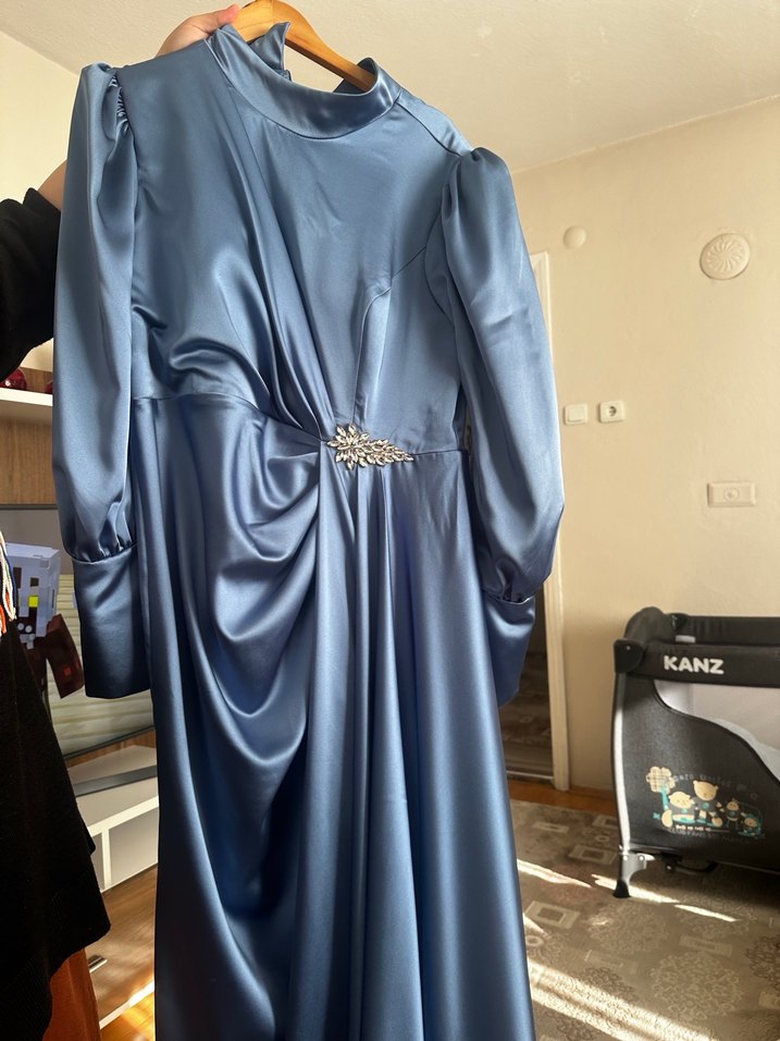 Bebe mavisi Uzun Drapeli Kadın Abiye Elbise - Görsel 3