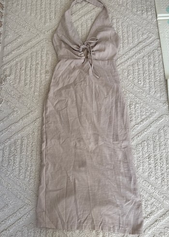 Bej Keten UzunAskılı Elbise