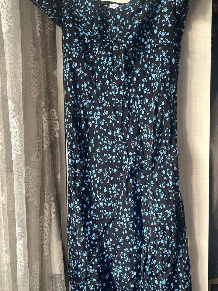 Bershka Mavi Desenli V Yakalı Uzun Elbise - Görsel 3