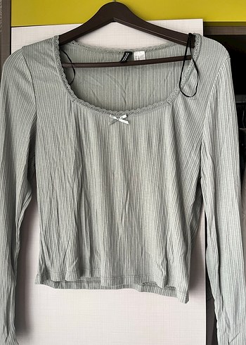 H&M açık yeşil-gri Uzun Kollu  Kadın Bluz - Görsel 2
