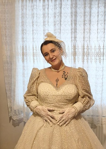 Krem Vintage Prenses Gelinlik Uzun Kollu - Görsel 2