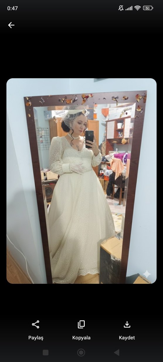 Krem Vintage Prenses Gelinlik Uzun Kollu - Görsel 3