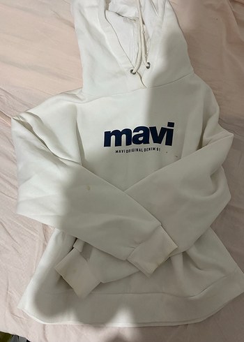 Mavi Baskılı Beyaz Kapüşonlu Sweatshirt