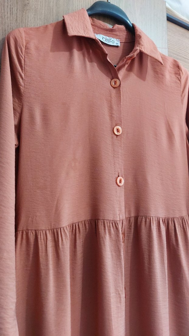 Bakır Uzun Kollu Düğmeli Bohem Elbise - Görsel 5