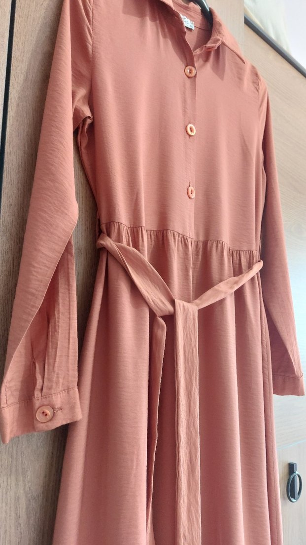 Bakır Uzun Kollu Düğmeli Bohem Elbise - Görsel 2