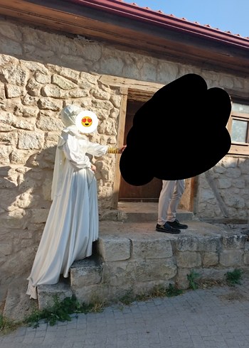 Uzun Kollu Yüksek Yakalı Beyaz Prenses Gelinlik - Görsel 2