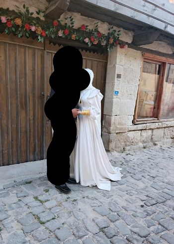 Uzun Kollu Yüksek Yakalı Beyaz Prenses Gelinlik - Görsel 4