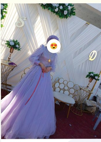 Uzun Kollu Mor Drapeli Tesettür Abiye - Görsel 2