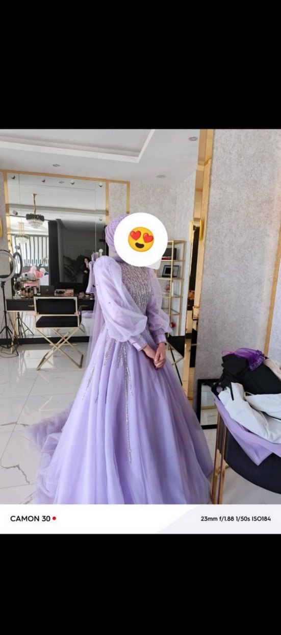 Uzun Kollu Mor Drapeli Tesettür Abiye - Görsel 3