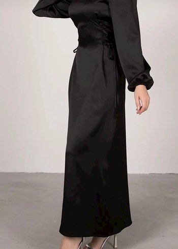 Drapeli Yandan Bağlama Detaylı Siyah Uzun Kadın Mezuniyet Elbise - Görsel 4