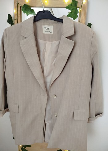 40 Beden Bej Mini Keten Kadın Blazer Ceket