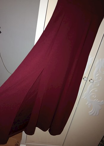 Bordo Uzun Drapeli V Yaka Abiye Elbise - Görsel 3