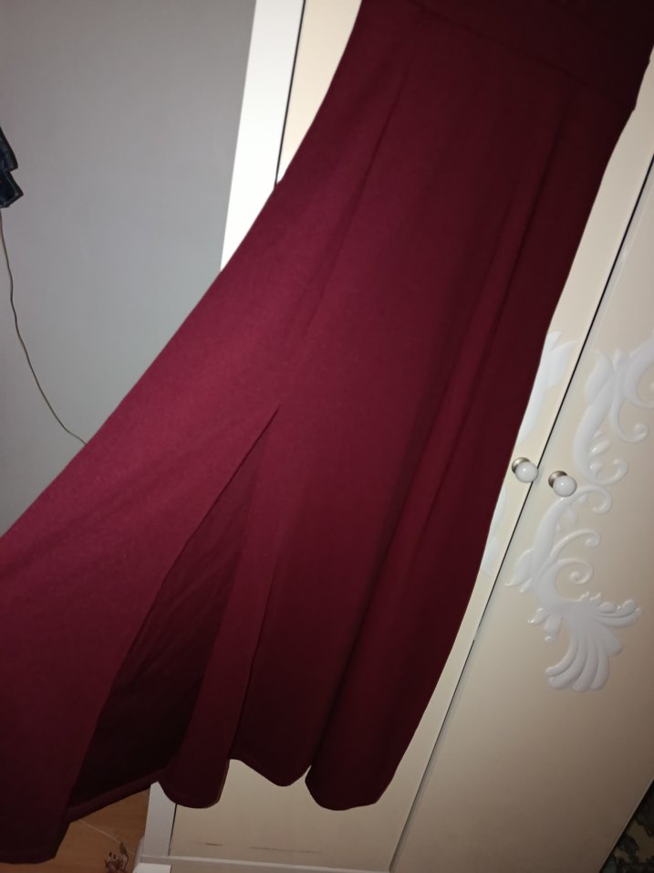 Bordo Uzun Drapeli V Yaka Abiye Elbise - Görsel 3